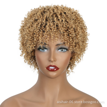 Aisi Beauty Party Loose Curly Wave Pre Plucked Brazilian Short Pixie Cut Blonde Human Hair Wig